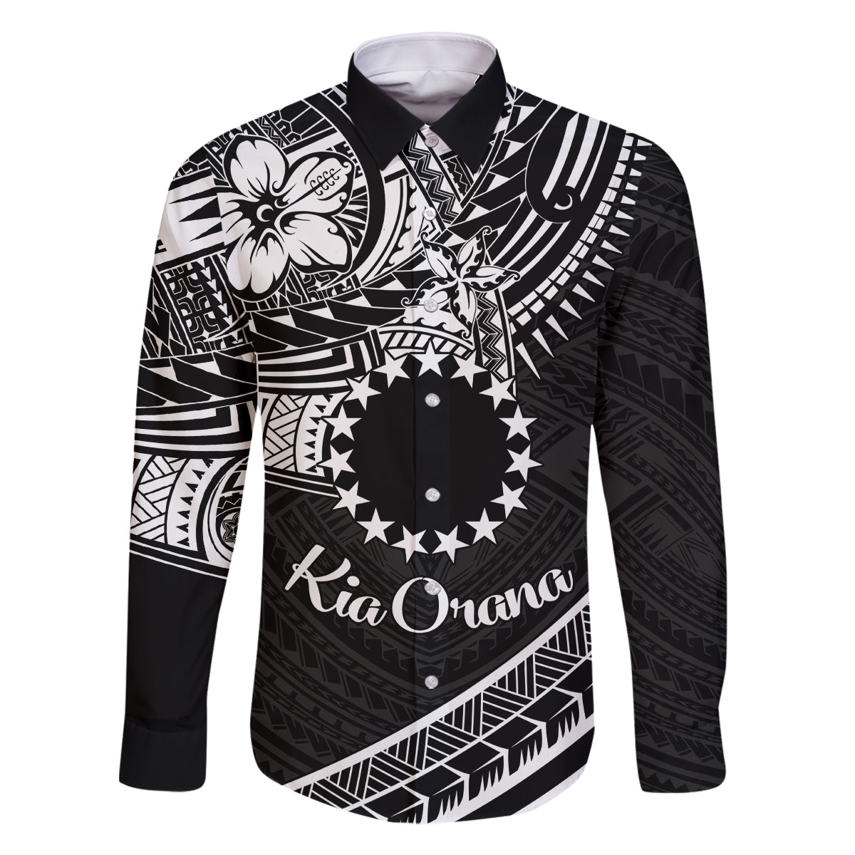 Kia Orana Cook Islands Family Matching Long Sleeve Bodycon Dress and Hawaiian Shirt Circle Stars With Floral White Pattern LT01 Dad's Shirt - Long Sleeve Black - Polynesian Pride
