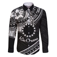 Kia Orana Cook Islands Family Matching Mermaid Dress and Hawaiian Shirt Circle Stars With Floral White Pattern LT01 Dad's Shirt - Long Sleeve Black - Polynesian Pride