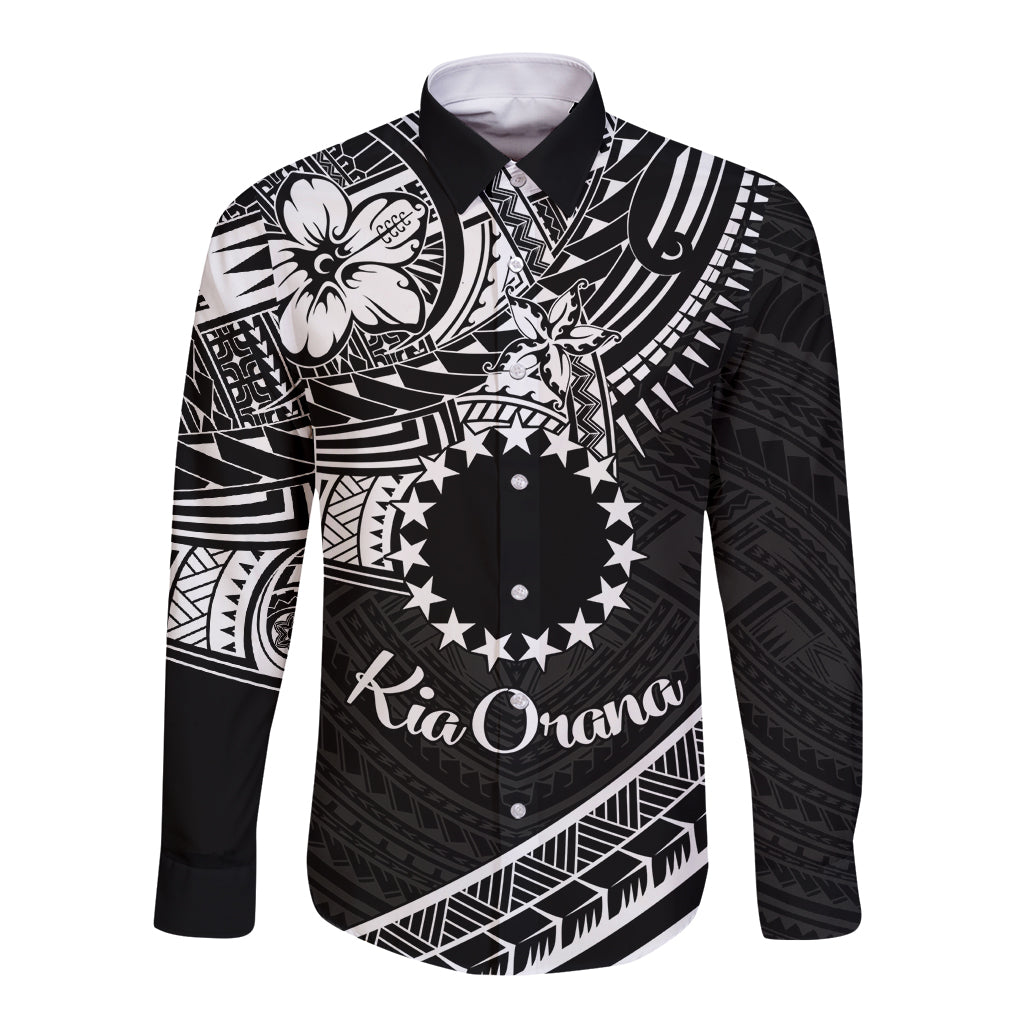 Kia Orana Cook Islands Long Sleeve Button Shirt Circle Stars With Floral White Pattern LT01 Unisex Black - Polynesian Pride