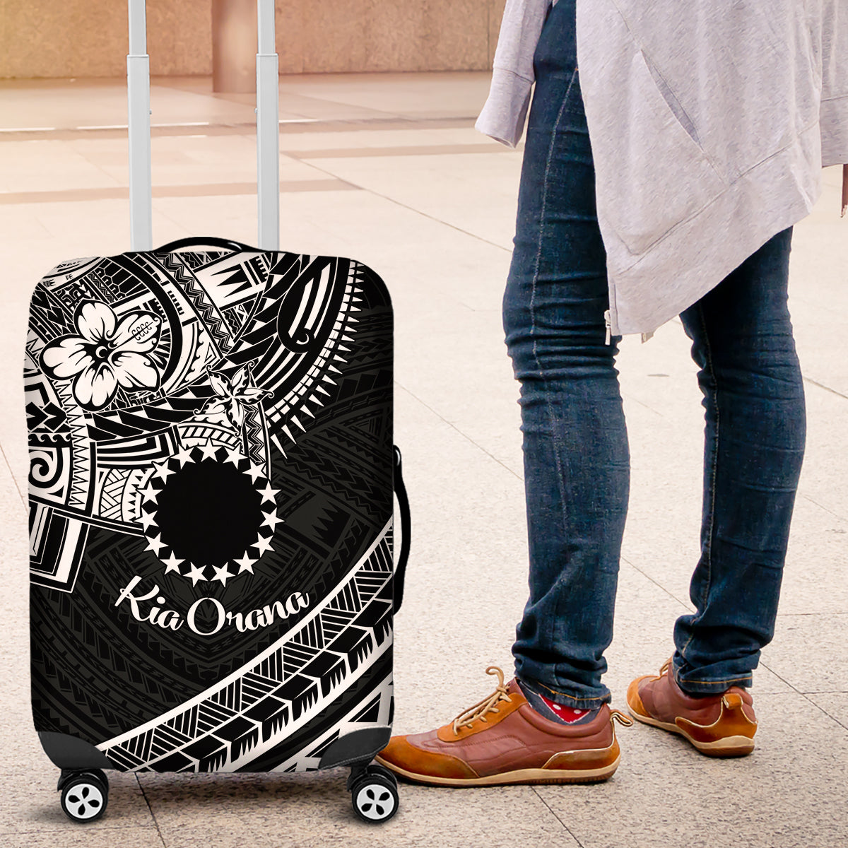 Kia Orana Cook Islands Luggage Cover Circle Stars With Floral White Pattern LT01 Black - Polynesian Pride