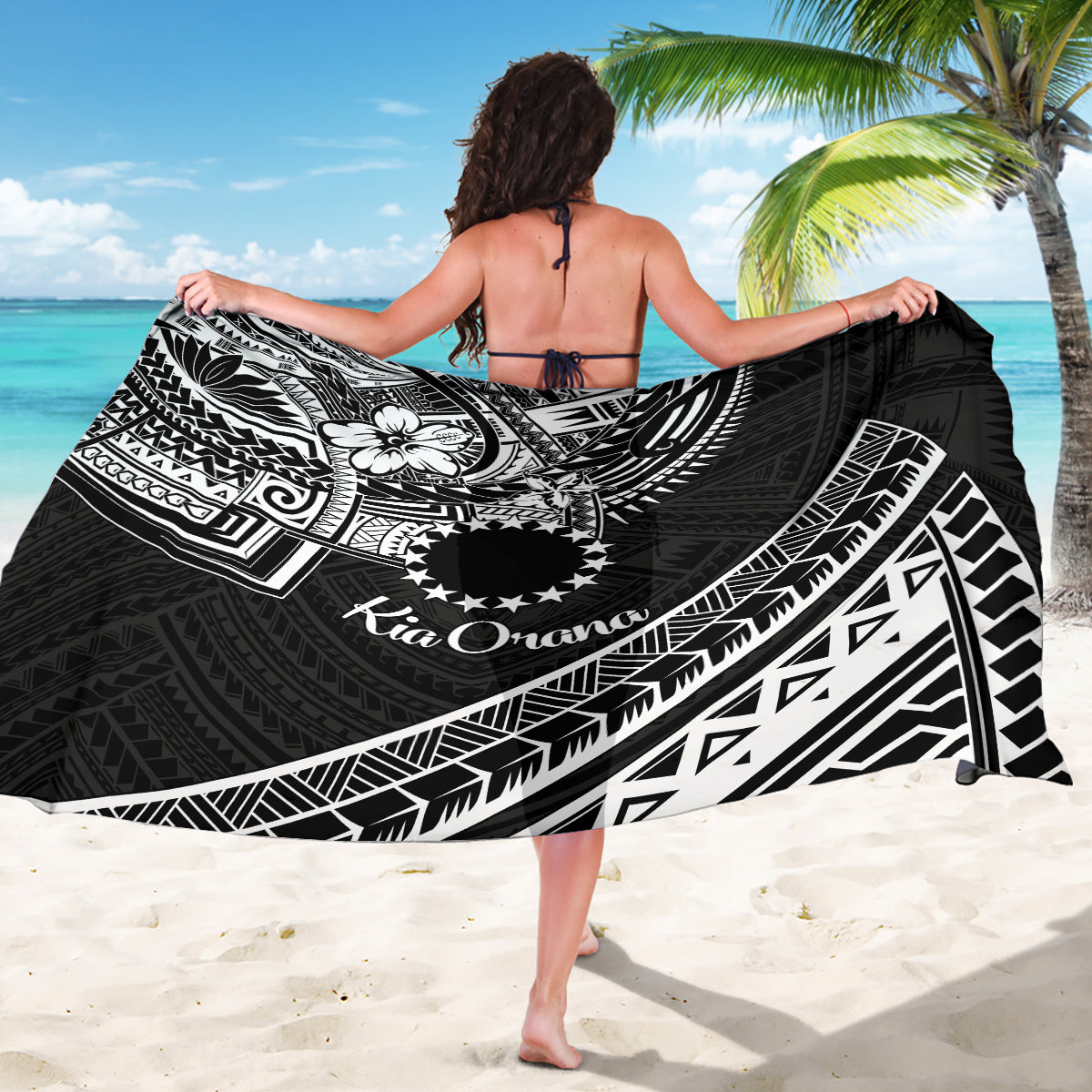 Kia Orana Cook Islands Sarong Circle Stars With Floral White Pattern LT01 - Polynesian Pride