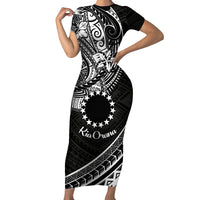 Kia Orana Cook Islands Short Sleeve Bodycon Dress Circle Stars With Floral White Pattern LT01 Long Dress Black - Polynesian Pride