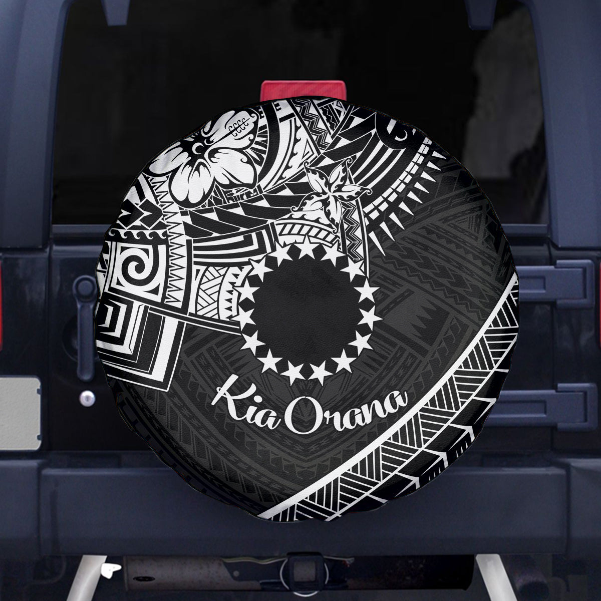 Kia Orana Cook Islands Spare Tire Cover Circle Stars With Floral White Pattern LT01 Black - Polynesian Pride