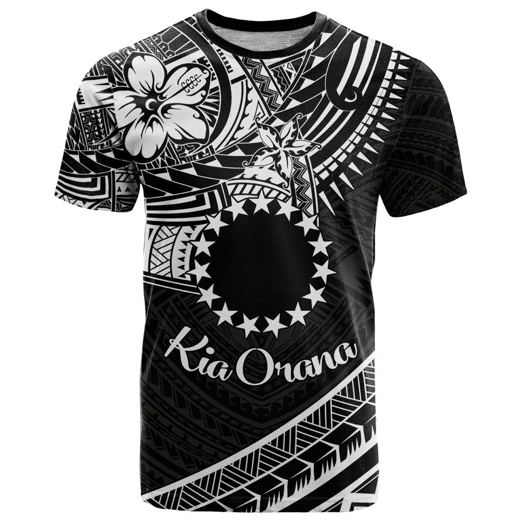 Kia Orana Cook Islands T Shirt Circle Stars With Floral White Pattern LT01 Black - Polynesian Pride