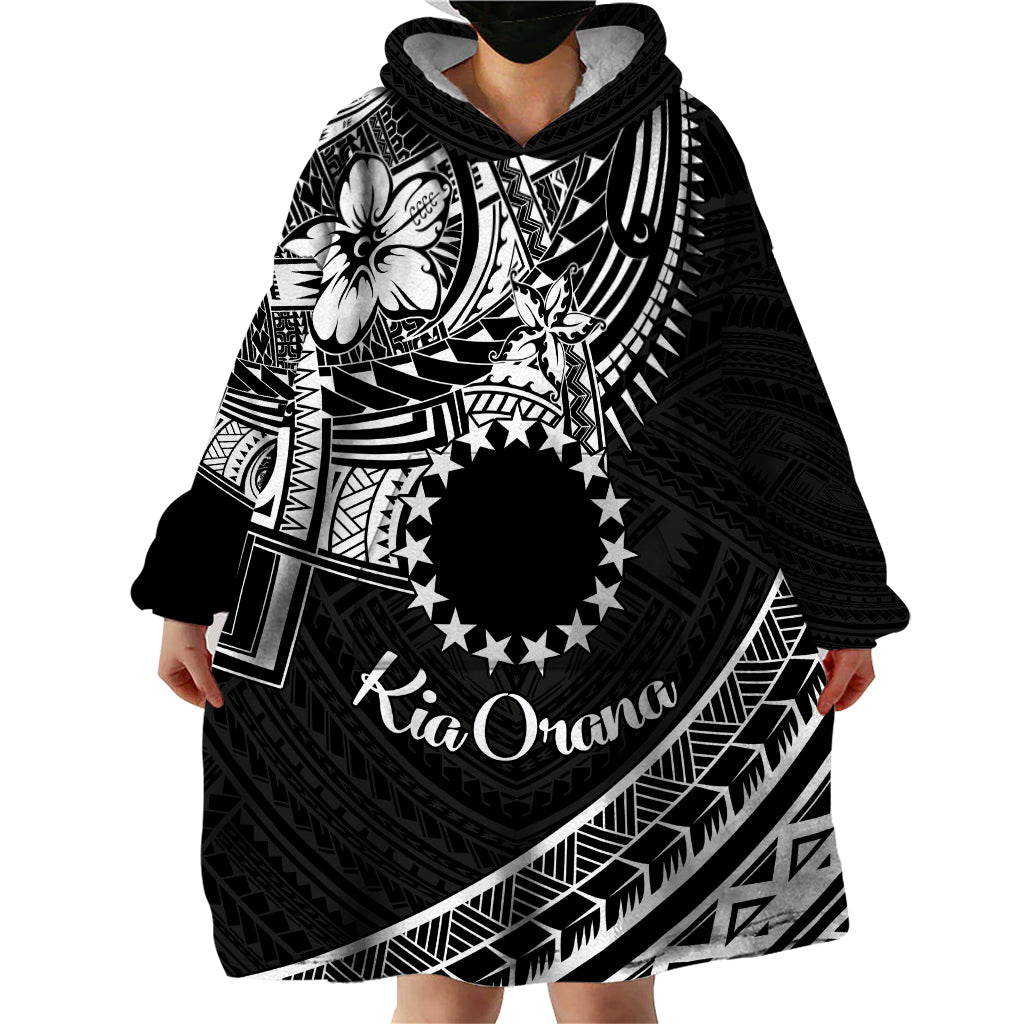 Kia Orana Cook Islands Wearable Blanket Hoodie Circle Stars With Floral White Pattern LT01 - Polynesian Pride