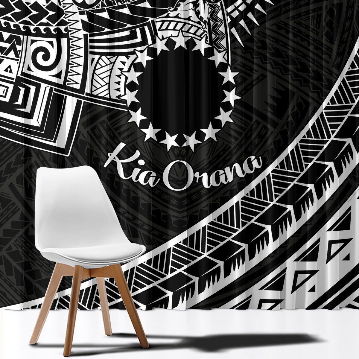 Kia Orana Cook Islands Window Curtain Circle Stars With Floral White Pattern LT01 - Polynesian Pride