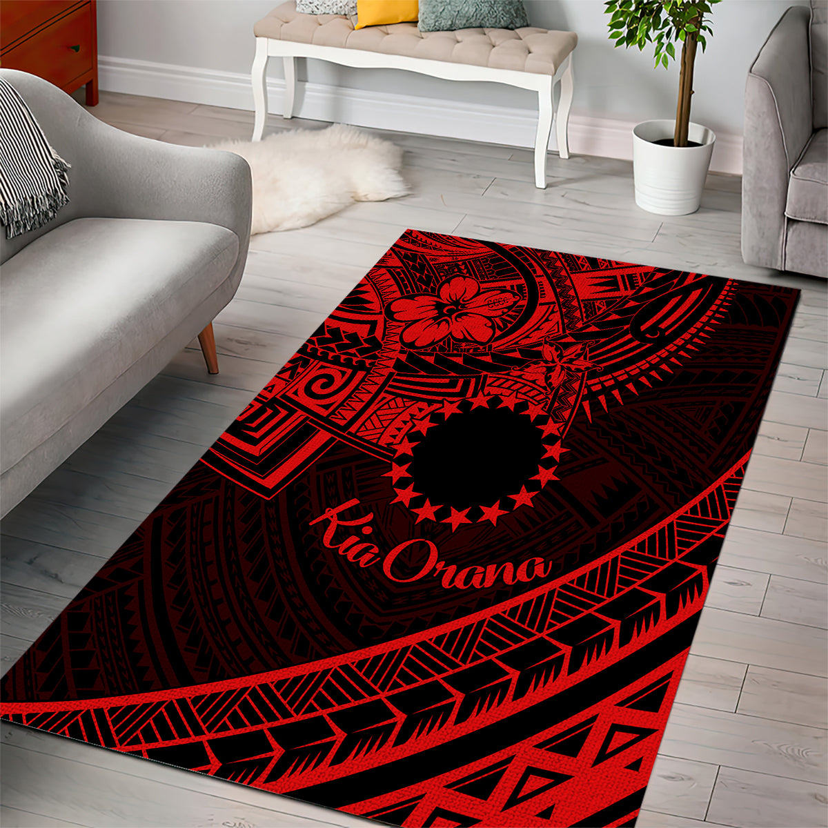Kia Orana Cook Islands Area Rug Circle Stars With Floral Red Pattern LT01 - Polynesian Pride