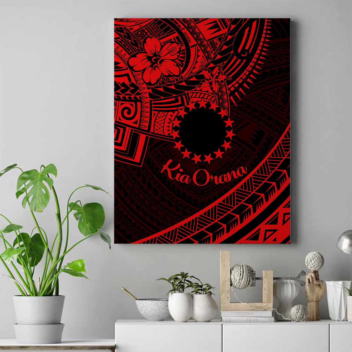 Kia Orana Cook Islands Canvas Wall Art Circle Stars With Floral Red Pattern LT01 Red - Polynesian Pride