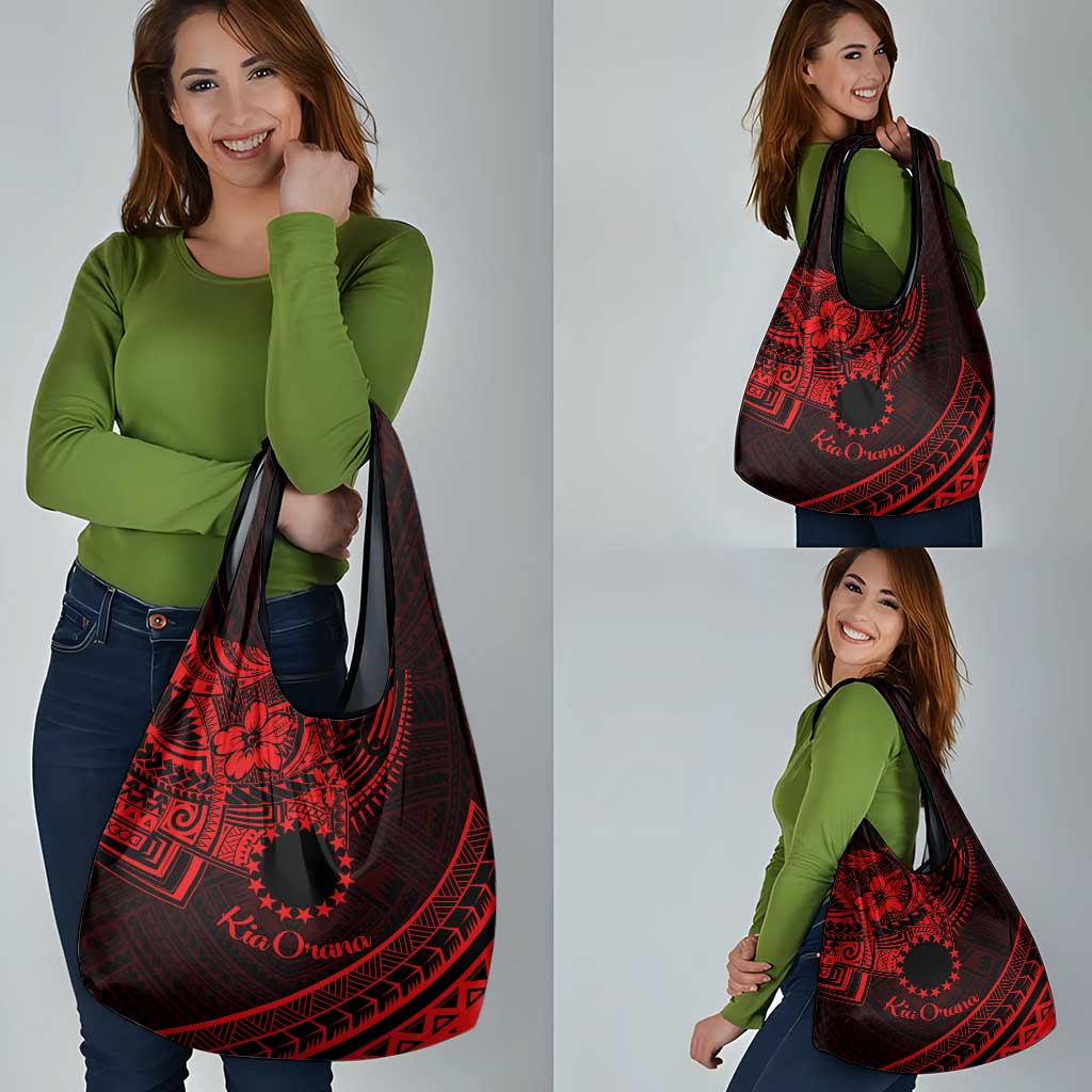 Kia Orana Cook Islands Grocery Bag Circle Stars With Floral Red Pattern LT01 - Polynesian Pride