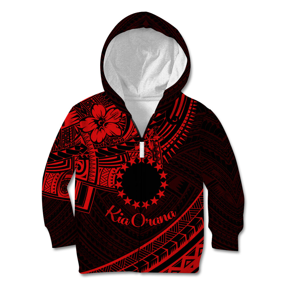 Kia Orana Cook Islands Kid Hoodie Circle Stars With Floral Red Pattern LT01 Zip Hoodie Red - Polynesian Pride