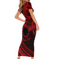 Kia Orana Cook Islands Short Sleeve Bodycon Dress Circle Stars With Floral Red Pattern LT01 - Polynesian Pride