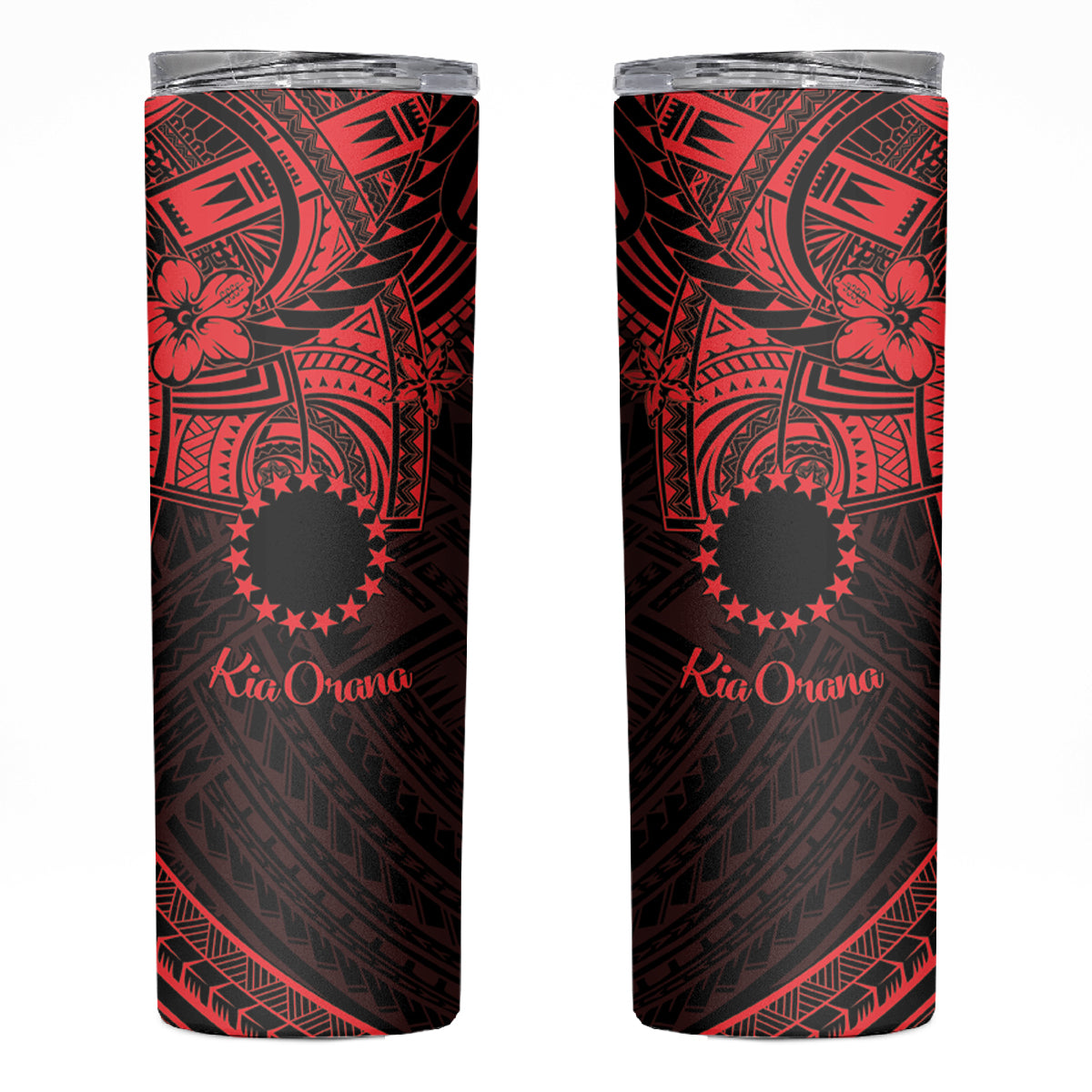 Kia Orana Cook Islands Skinny Tumbler Circle Stars With Floral Red Pattern