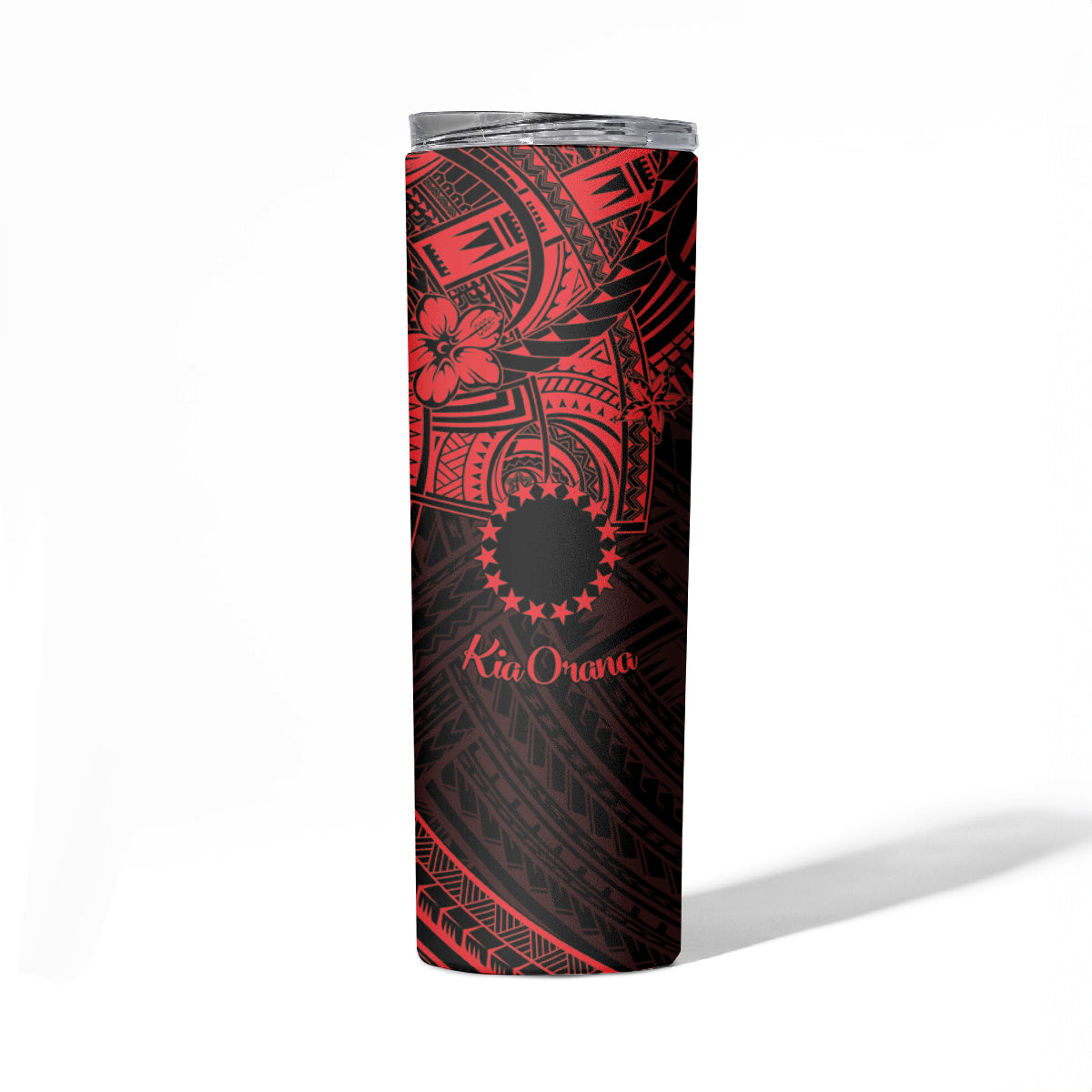 Kia Orana Cook Islands Skinny Tumbler Circle Stars With Floral Red Pattern