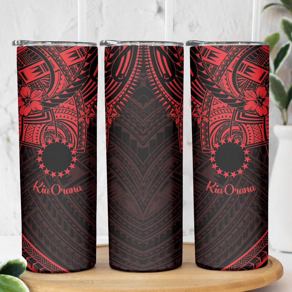 Kia Orana Cook Islands Skinny Tumbler Circle Stars With Floral Red Pattern