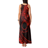 Kia Orana Cook Islands Tank Maxi Dress Circle Stars With Floral Red Pattern LT01 - Polynesian Pride