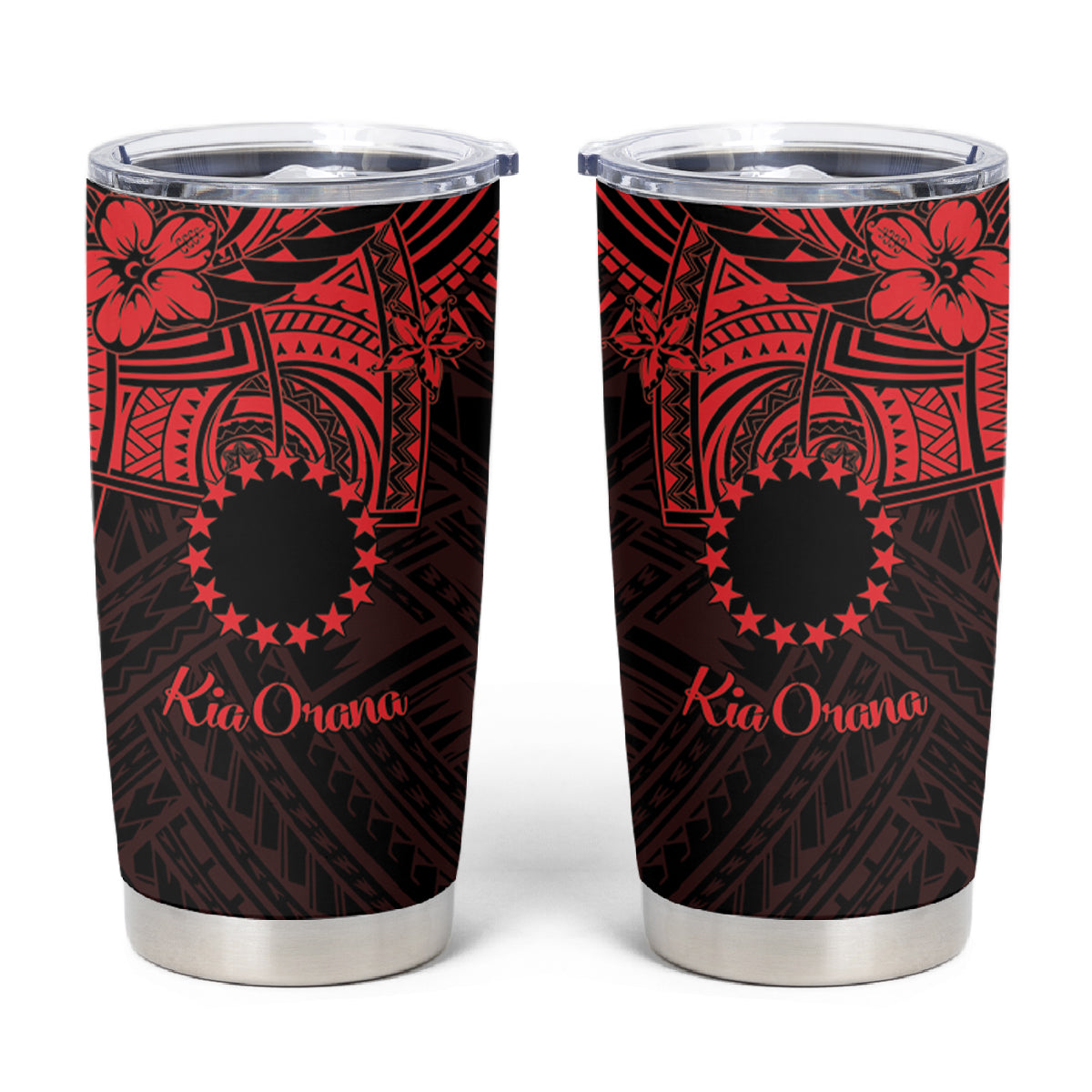 Kia Orana Cook Islands Tumbler Cup Circle Stars With Floral Red Pattern