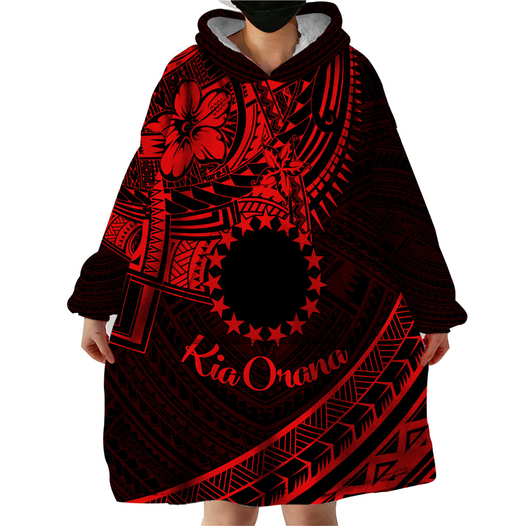 Kia Orana Cook Islands Wearable Blanket Hoodie Circle Stars With Floral Red Pattern LT01 - Polynesian Pride