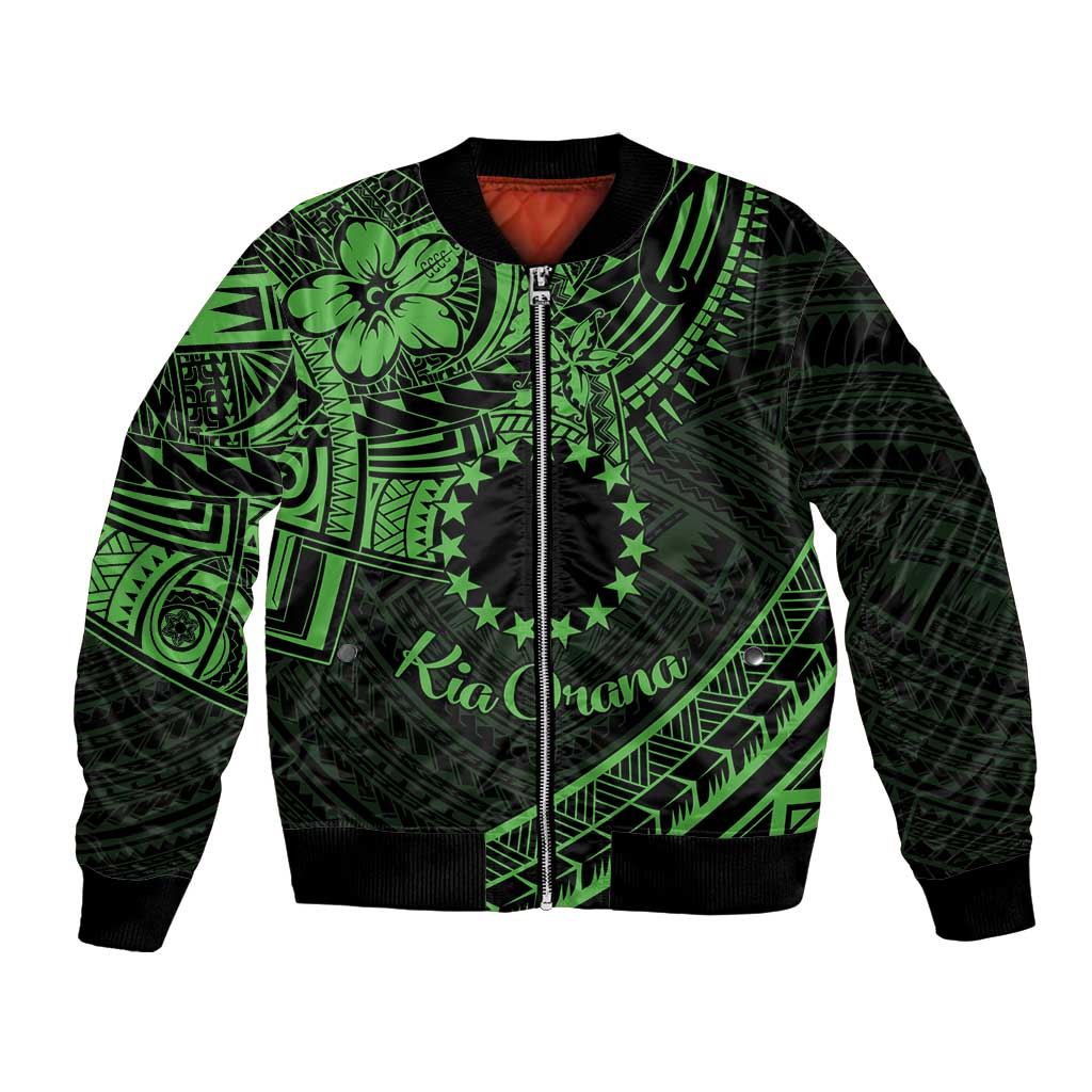 Kia Orana Cook Islands Bomber Jacket Circle Stars With Floral Green Pattern LT01