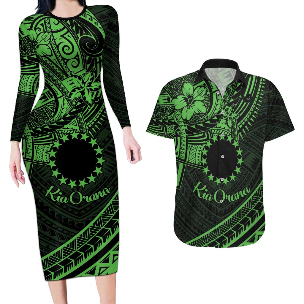 Kia Orana Cook Islands Couples Matching Long Sleeve Bodycon Dress and Hawaiian Shirt Circle Stars With Floral Green Pattern LT01