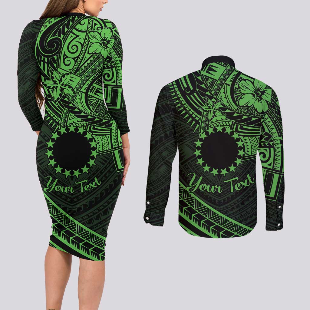 Kia Orana Cook Islands Couples Matching Long Sleeve Bodycon Dress and Long Sleeve Button Shirt Circle Stars With Floral Green Pattern LT01 - Polynesian Pride