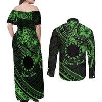 Kia Orana Cook Islands Couples Matching Off Shoulder Maxi Dress and Long Sleeve Button Shirt Circle Stars With Floral Green Pattern LT01 - Polynesian Pride