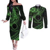 Kia Orana Cook Islands Couples Matching Off The Shoulder Long Sleeve Dress and Long Sleeve Button Shirt Circle Stars With Floral Green Pattern LT01 Green - Polynesian Pride