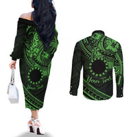 Kia Orana Cook Islands Couples Matching Off The Shoulder Long Sleeve Dress and Long Sleeve Button Shirt Circle Stars With Floral Green Pattern LT01 - Polynesian Pride