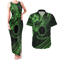 Kia Orana Cook Islands Couples Matching Tank Maxi Dress and Hawaiian Shirt Circle Stars With Floral Green Pattern LT01 Green - Polynesian Pride