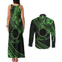 Kia Orana Cook Islands Couples Matching Tank Maxi Dress and Long Sleeve Button Shirt Circle Stars With Floral Green Pattern LT01 - Polynesian Pride