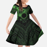 Kia Orana Cook Islands Family Matching Mermaid Dress and Hawaiian Shirt Circle Stars With Floral Green Pattern LT01 Daughter's Dress Green - Polynesian Pride