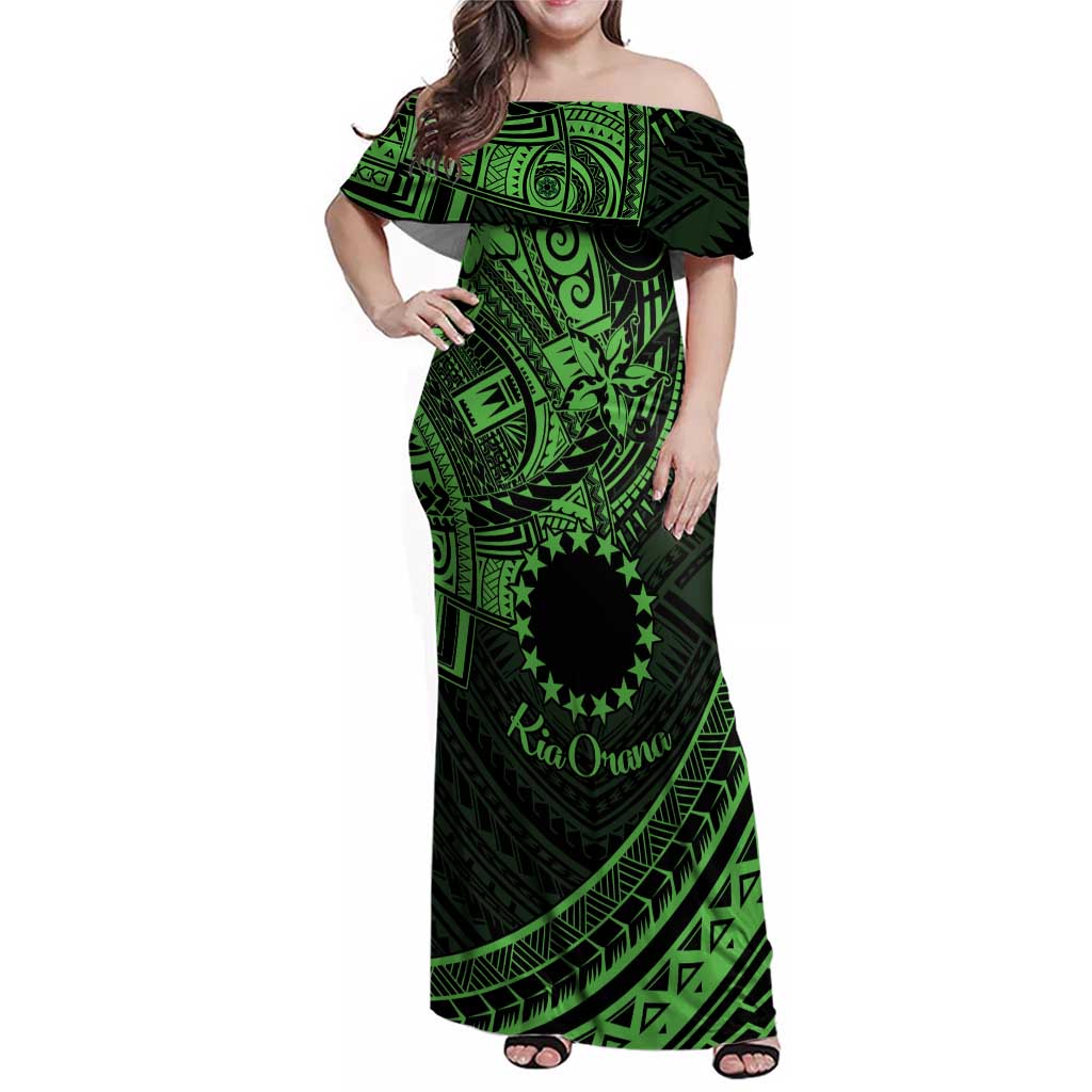 Kia Orana Cook Islands Family Matching Off Shoulder Maxi Dress and Hawaiian Shirt Circle Stars With Floral Green Pattern LT01 Mom's Dress Green - Polynesian Pride