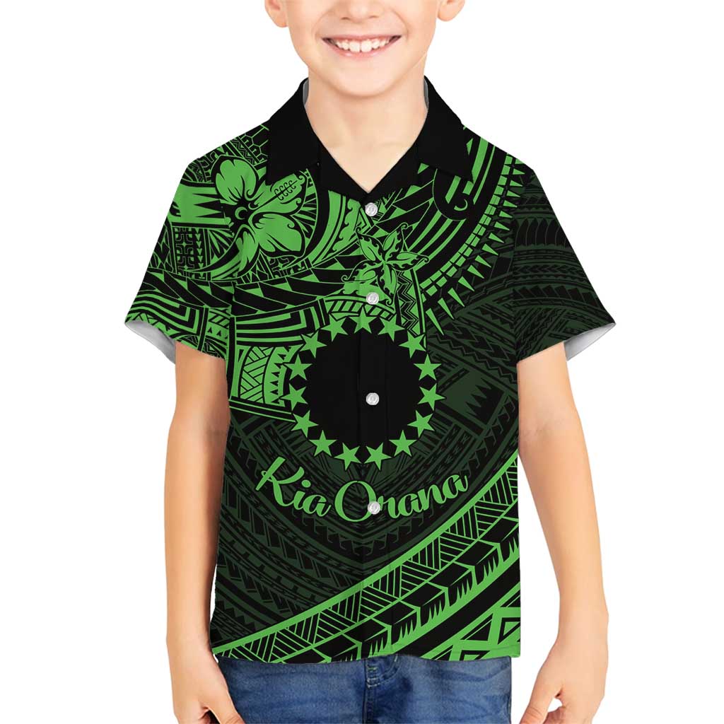 Kia Orana Cook Islands Family Matching Off Shoulder Maxi Dress and Hawaiian Shirt Circle Stars With Floral Green Pattern LT01 Son's Shirt Green - Polynesian Pride