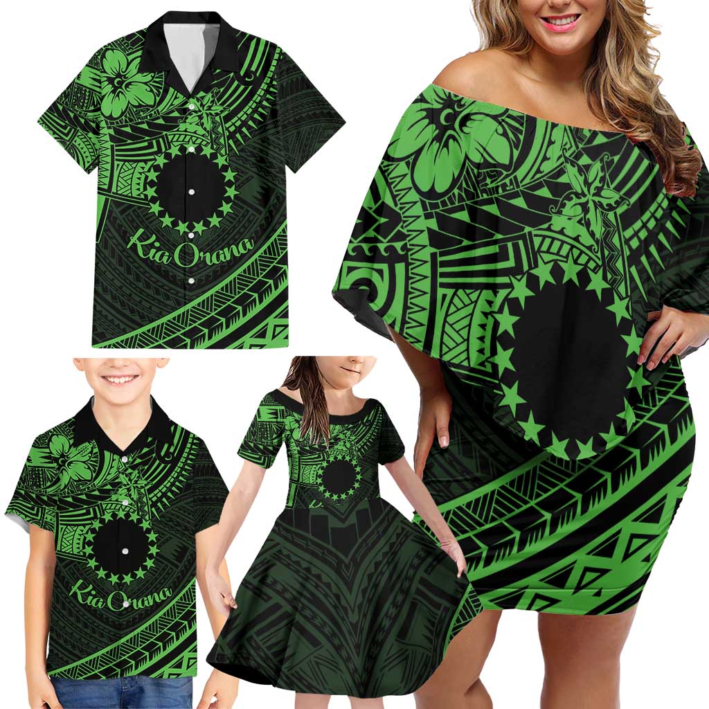 Kia Orana Cook Islands Family Matching Off Shoulder Short Dress and Hawaiian Shirt Circle Stars With Floral Green Pattern LT01