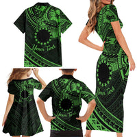 Kia Orana Cook Islands Family Matching Short Sleeve Bodycon Dress and Hawaiian Shirt Circle Stars With Floral Green Pattern LT01 - Polynesian Pride