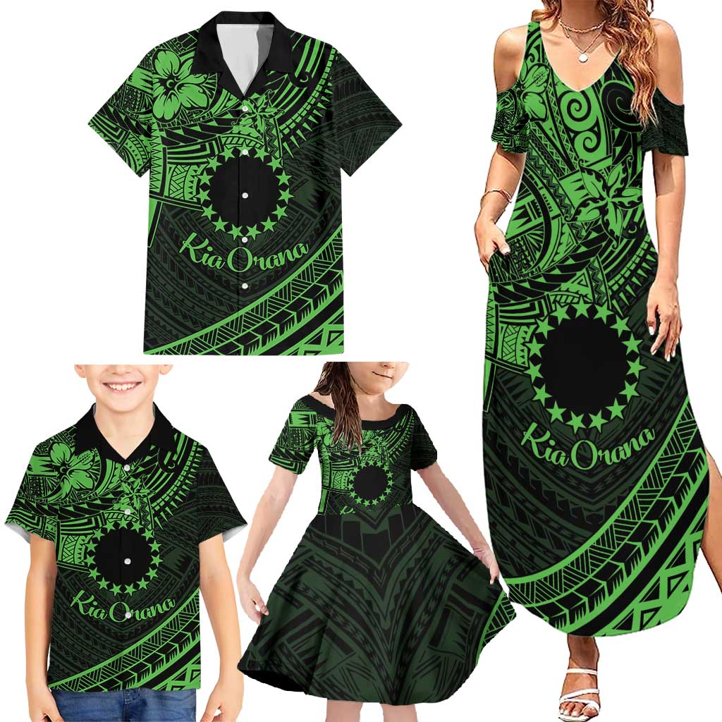 Kia Orana Cook Islands Family Matching Summer Maxi Dress and Hawaiian Shirt Circle Stars With Floral Green Pattern LT01 - Polynesian Pride