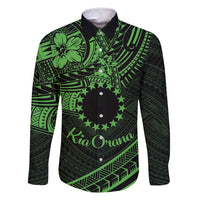 Kia Orana Cook Islands Family Matching Summer Maxi Dress and Hawaiian Shirt Circle Stars With Floral Green Pattern LT01 Dad's Shirt - Long Sleeve Green - Polynesian Pride