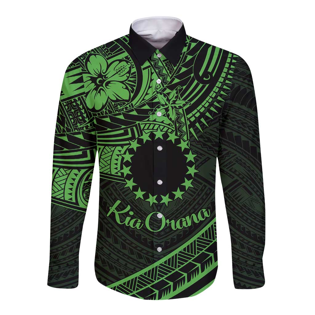 Kia Orana Cook Islands Long Sleeve Button Shirt Circle Stars With Floral Green Pattern LT01