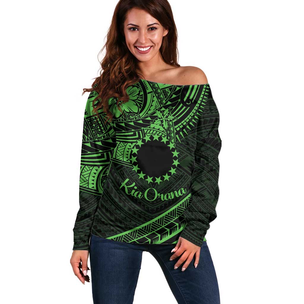 Kia Orana Cook Islands Off Shoulder Sweater Circle Stars With Floral Green Pattern LT01