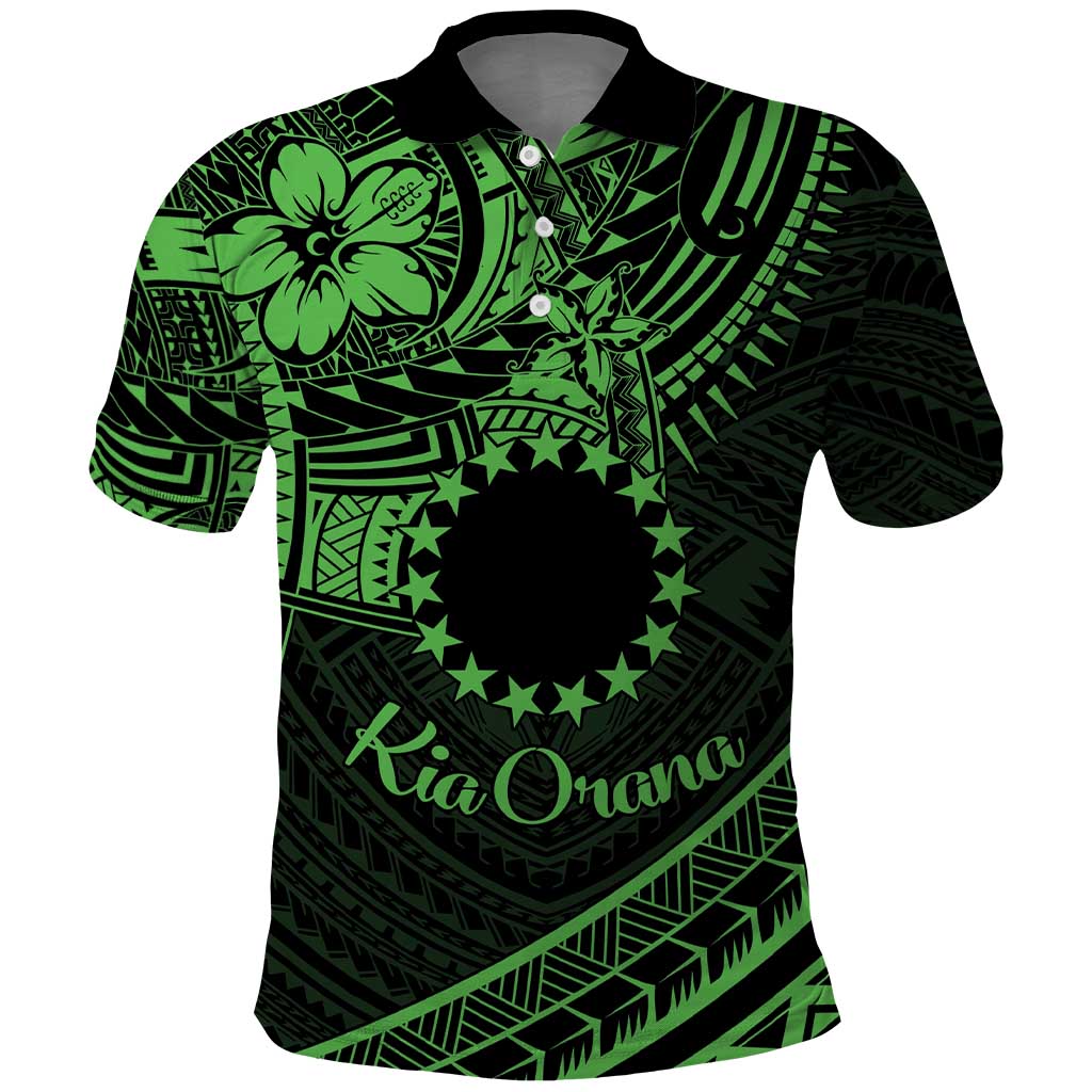Kia Orana Cook Islands Polo Shirt Circle Stars With Floral Green Pattern LT01