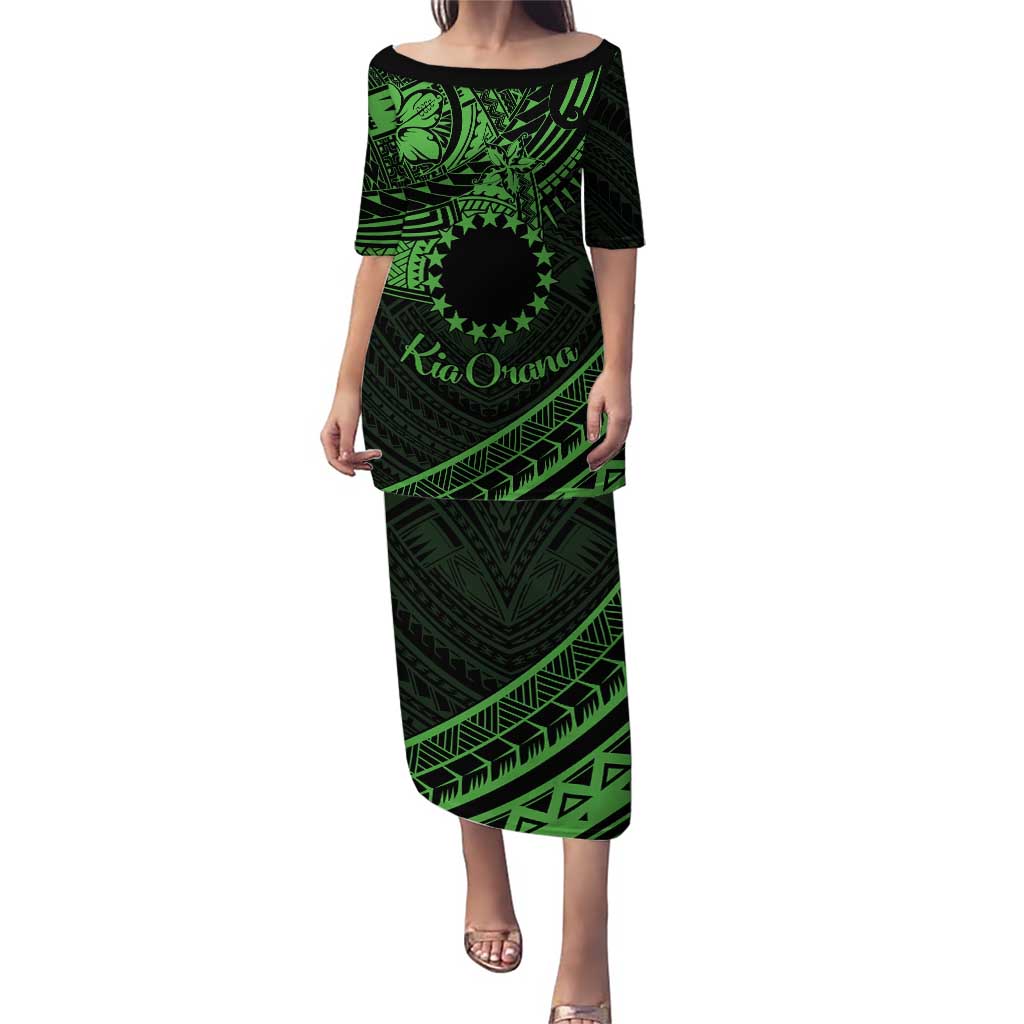 Kia Orana Cook Islands Puletasi Circle Stars With Floral Green Pattern LT01