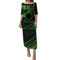 Kia Orana Cook Islands Puletasi Circle Stars With Floral Green Pattern LT01