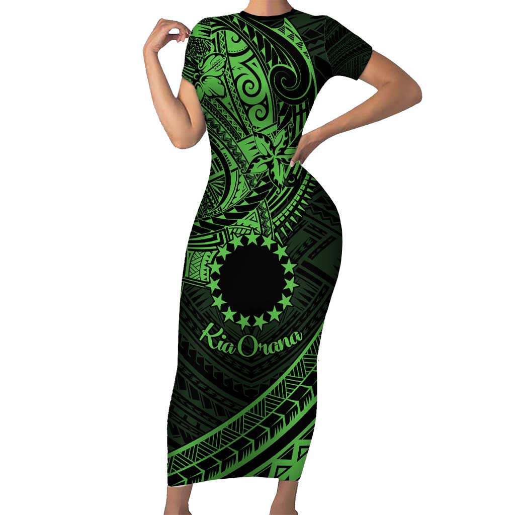 Kia Orana Cook Islands Short Sleeve Bodycon Dress Circle Stars With Floral Green Pattern LT01