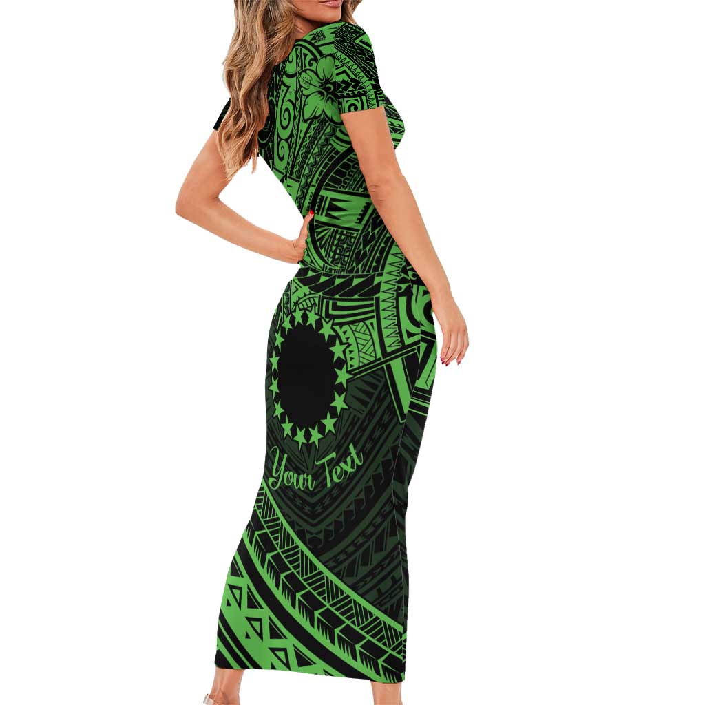 Kia Orana Cook Islands Short Sleeve Bodycon Dress Circle Stars With Floral Green Pattern LT01