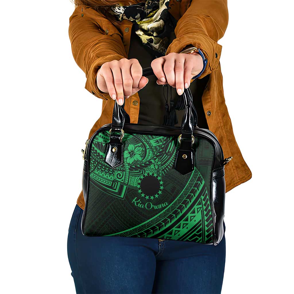 Kia Orana Cook Islands Shoulder Handbag Circle Stars With Floral Green Pattern LT01