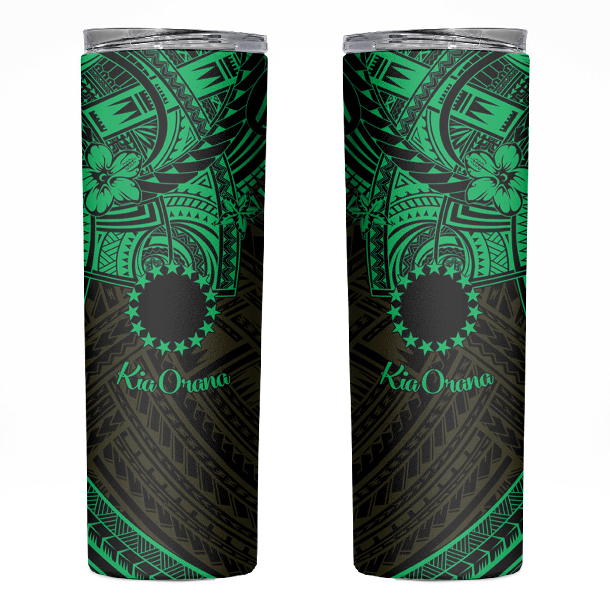 Kia Orana Cook Islands Skinny Tumbler Circle Stars With Floral Green Pattern