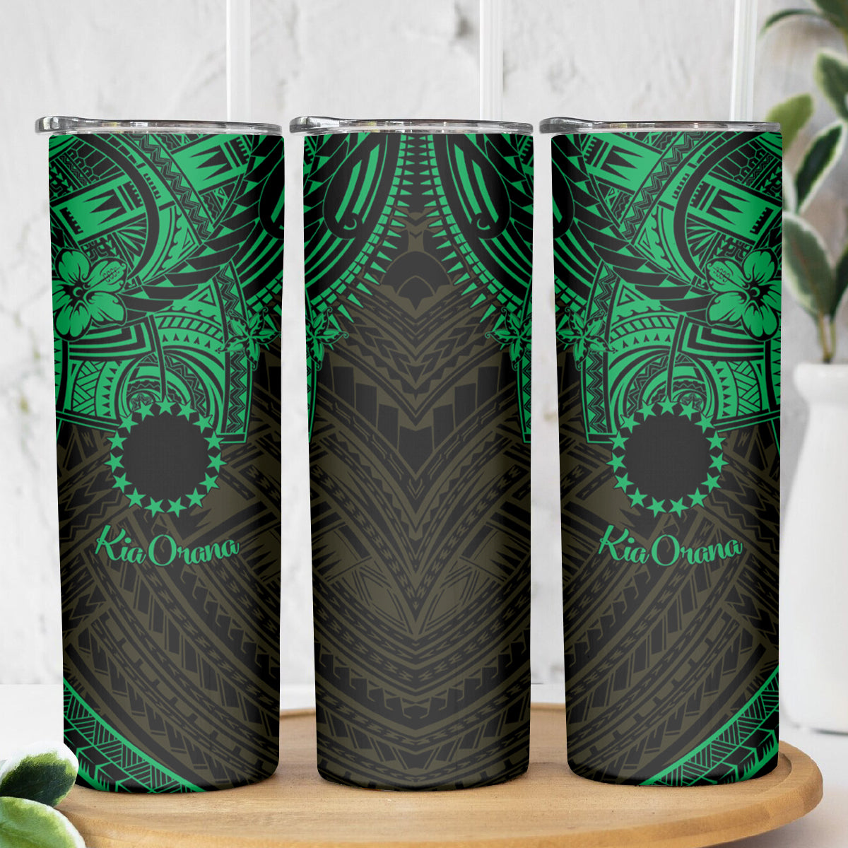Kia Orana Cook Islands Skinny Tumbler Circle Stars With Floral Green Pattern