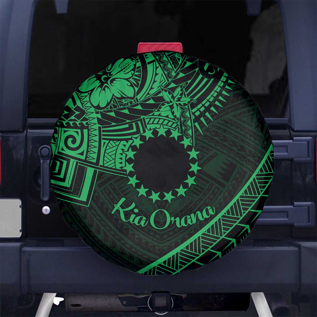 Kia Orana Cook Islands Spare Tire Cover Circle Stars With Floral Green Pattern LT01