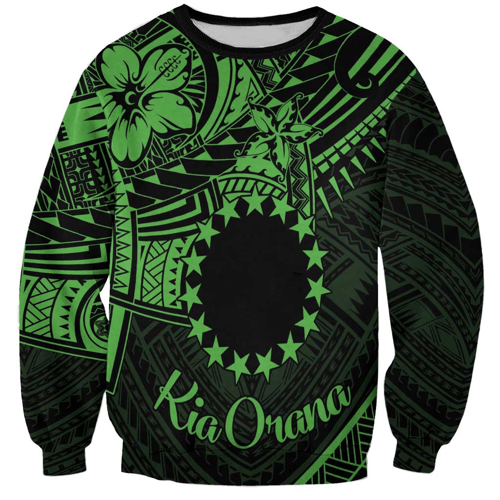 Kia Orana Cook Islands Sweatshirt Circle Stars With Floral Green Pattern LT01 Unisex Green - Polynesian Pride
