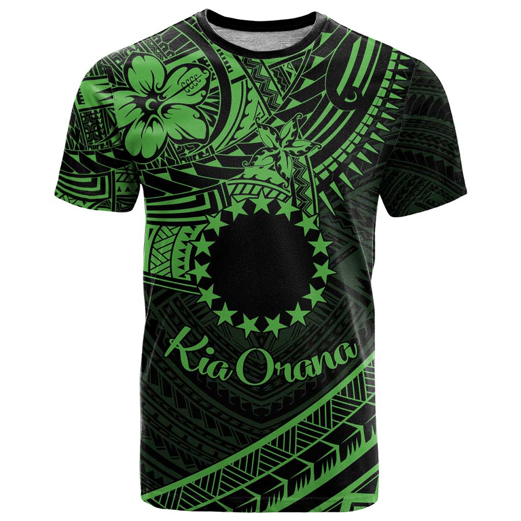Kia Orana Cook Islands T Shirt Circle Stars With Floral Green Pattern LT01 Green - Polynesian Pride