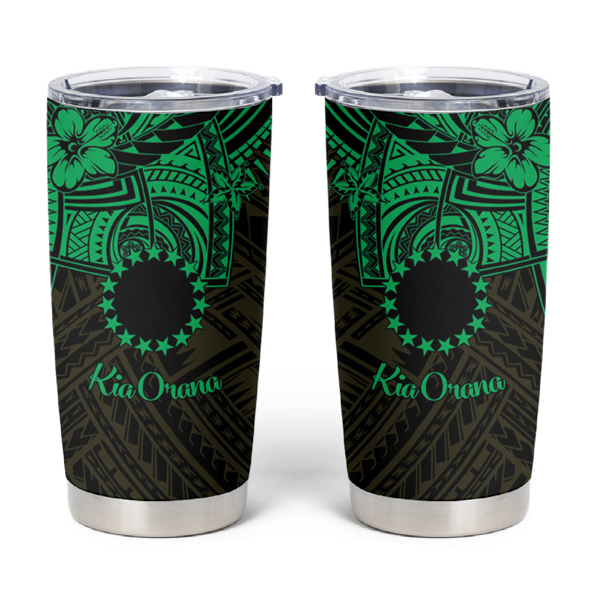 Kia Orana Cook Islands Tumbler Cup Circle Stars With Floral Green Pattern